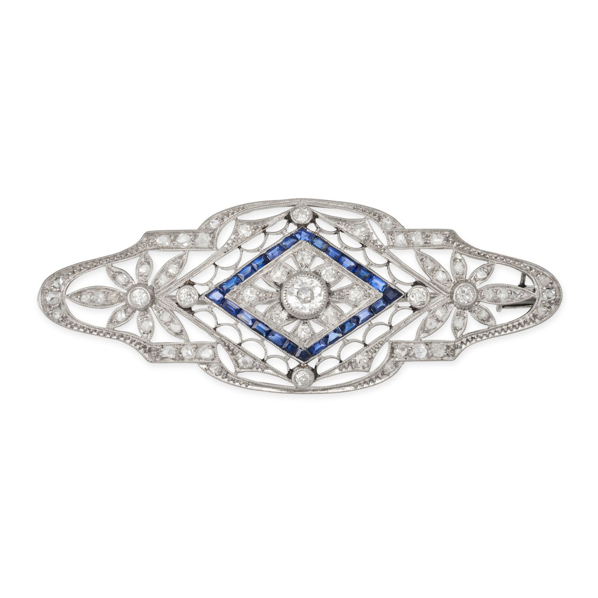 AN ANTIQUE FRENCH SAPPHIRE AND DIAMOND BROOCH in platinum, the openwork brooch set throughout wit...