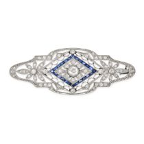 AN ANTIQUE FRENCH SAPPHIRE AND DIAMOND BROOCH in platinum, the openwork brooch set throughout wit...