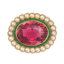 AN ANTIQUE PINK TOURMALINE, PEARL AND ENAMEL BROOCH in yellow gold, set with an oval cut pink tou...
