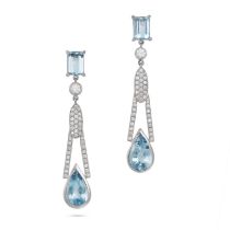 A PAIR OF AQUAMARINE AND DIAMOND DROP EARRINGS in platinum, each comprising an octagonal step cut...