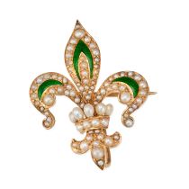 AN ANTIQUE PEARL AND ENAMEL FLEUR DE LYS BROOCH in yellow gold, designed as a fleur de lys held t...