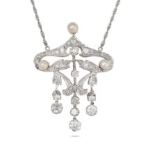 A DIAMOND AND PEARL PENDANT NECKLACE the openwork pendant set with old and round cut diamonds acc...