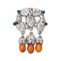 GEORG JENSEN, AN AMBER AND CHRYSOPRASE MASTER BROOCH in silver, design number 98, set with caboch...