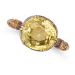 A YELLOW SAPPHIRE RING in yellow gold, set with a cushion cut yellow sapphire of approximately 8....