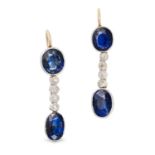 A PAIR OF BURMA NO HEAT SAPPHIRE AND DIAMOND DROP EARRINGS in yellow gold and platinum, each set ...