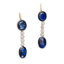 A PAIR OF BURMA NO HEAT SAPPHIRE AND DIAMOND DROP EARRINGS in yellow gold and platinum, each set ...