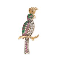 A GEMSET PARROT BROOCH in 18ct yellow gold, designed as a parrot perched on a branch, set through...