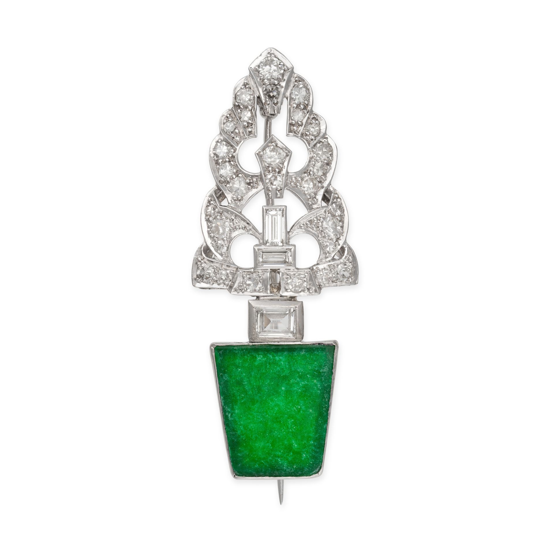 A JADEITE JADE AND DIAMOND PLANT BROOCH in platinum, designed as a plant in a pot, the pot set wi...