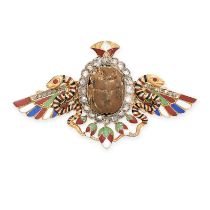 AN ANTIQUE DIAMOND AND ENAMEL EGYPTIAN REVIVAL WINGED SCARAB BROOCH in yellow gold and silver, se...