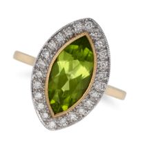 A PERIDOT AND DIAMOND DRESS RING in 18ct yellow gold, set with a marquise cut peridot of approxim...