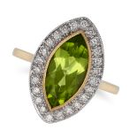 A PERIDOT AND DIAMOND DRESS RING in 18ct yellow gold, set with a marquise cut peridot of approxim...