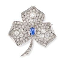 A SAPPHIRE AND DIAMOND CLOVER BROOCH / PENDANT in platinum, designed as a three leaf clover set t...