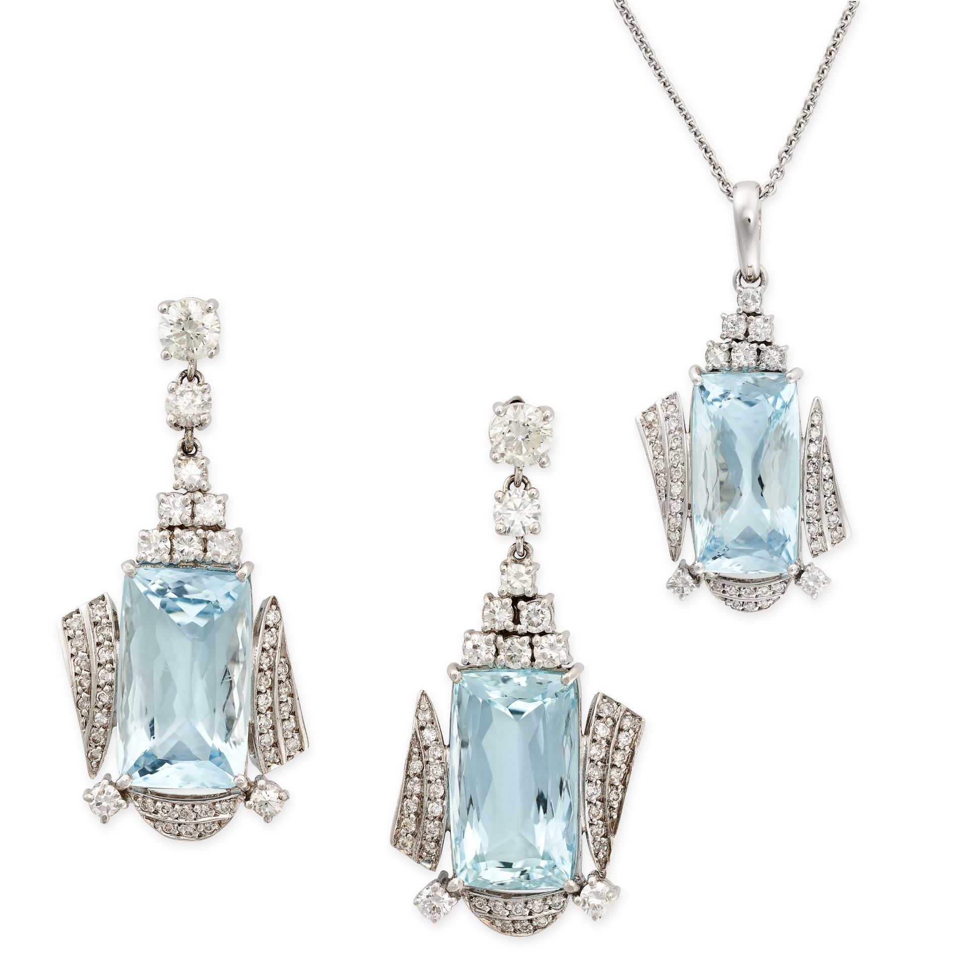 AN AQUAMARINE AND DIAMOND PENDANT AND EARRINGS SUITE in 18ct white gold, the pendant set with a c...