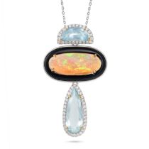 AN OPAL, AQUAMARINE, ONYX AND DIAMOND PENDANT NECKLACE in 18ct white gold, the pendant set with a...