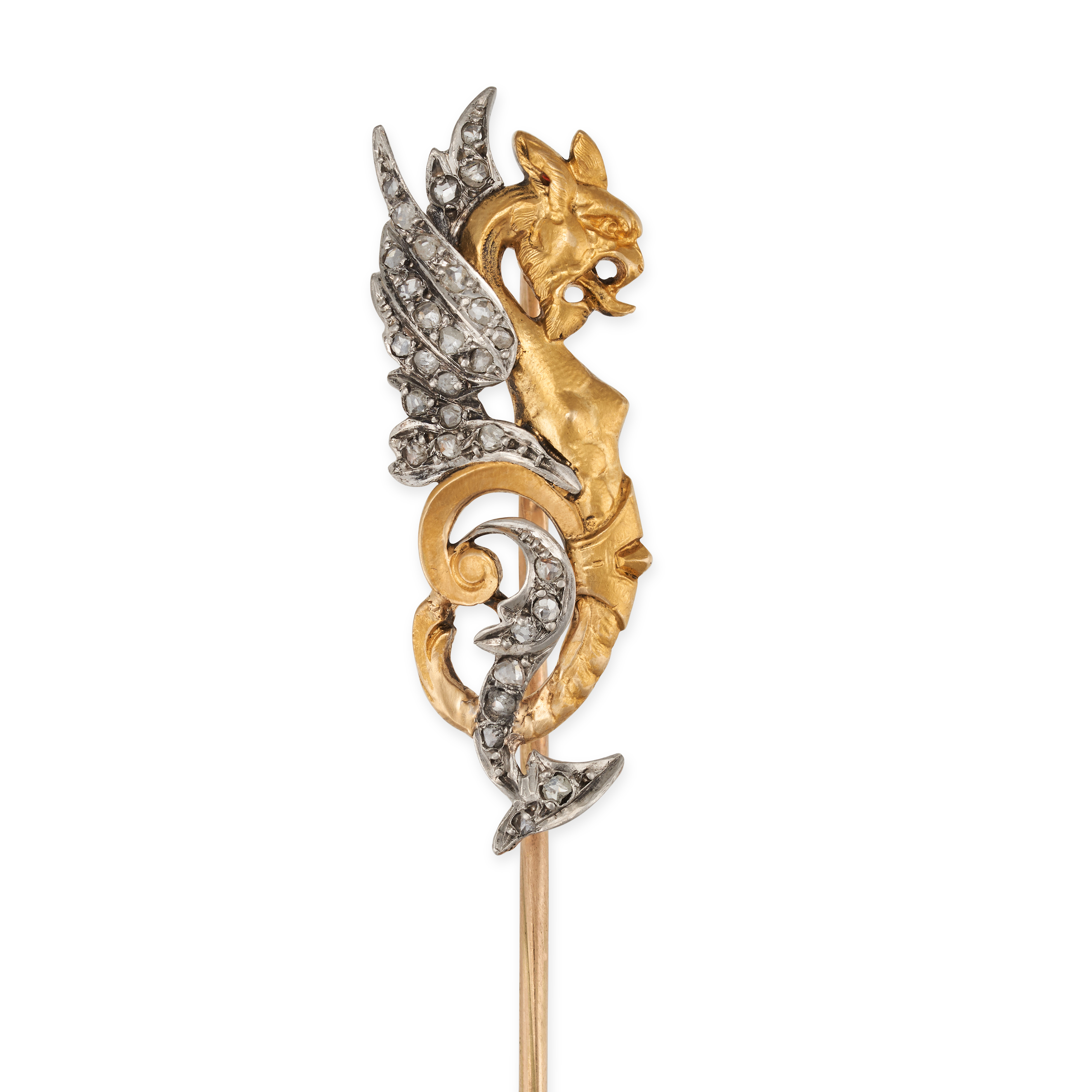 AN ANTIQUE DIAMOND DRAGON STICK / TIE PIN in yellow gold and silver, designed as a dragon, the wi...