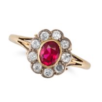 A SYNTHETIC RUBY AND DIAMOND CLUSTER RING in 18ct yellow gold, set with an oval cut synthetic rub...