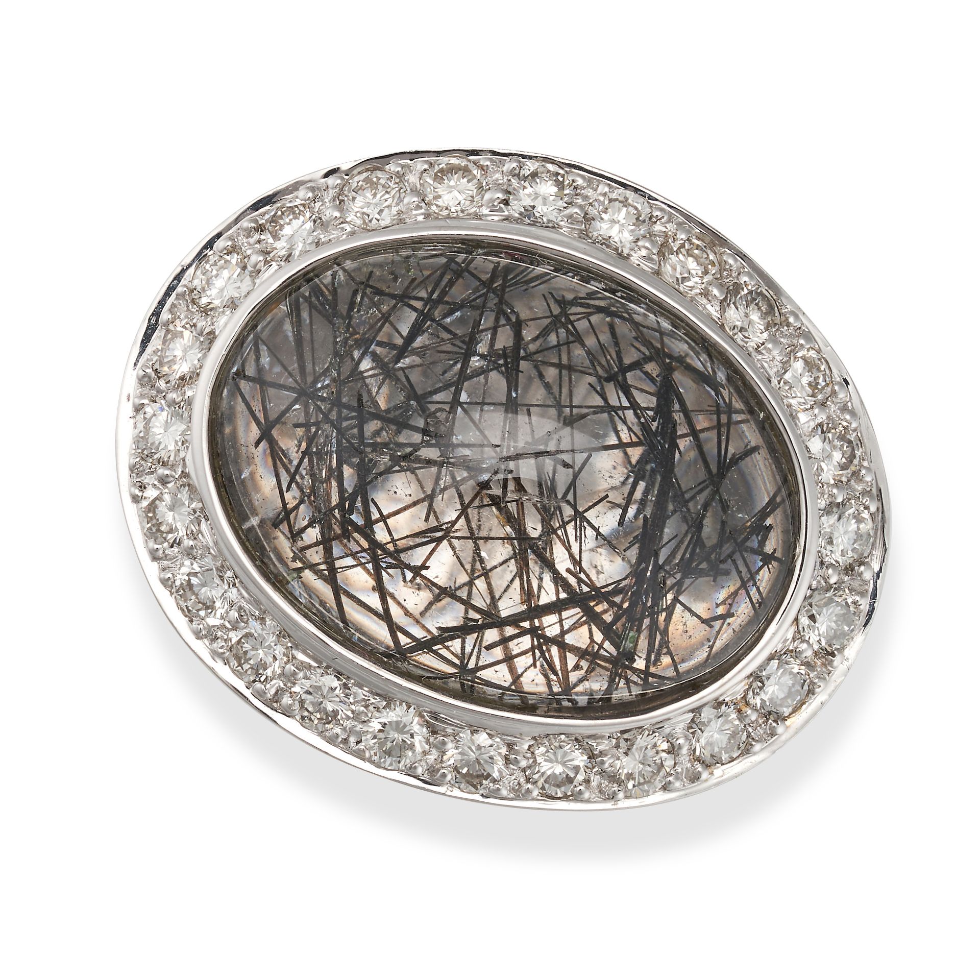 A RUTILATED QUARTZ AND DIAMOND RING in 18ct white gold, set with a cabochon rutilated quartz in a...