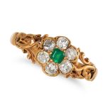 AN ANTIQUE EMERALD AND DIAMOND CLUSTER RING in 18ct yellow gold, set with an octagonal step cut e...