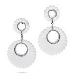 A PAIR OF CARVED ROCK CRYSTAL AND DIAMOND DROP EARRINGS in yellow gold and silver, each comprisin...