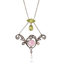 AN ANTIQUE PERIDOT, PINK TOURMALINE AND DIAMOND PENDANT NECKLACE in yellow gold and silver, the p...