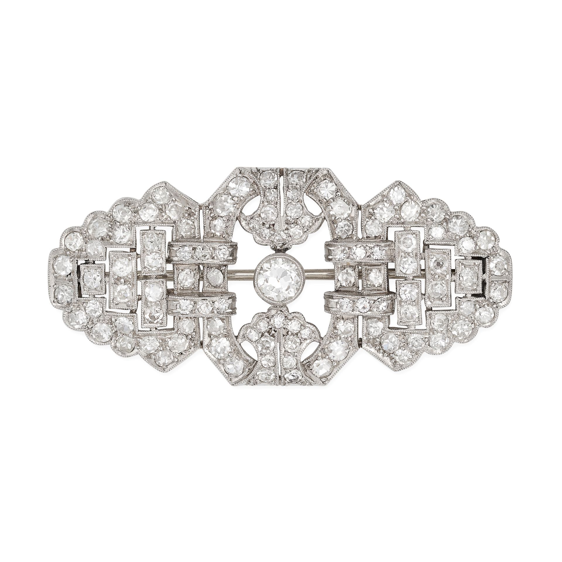 AN ANTIQUE ART DECO DIAMOND BROOCH in platinum, the openwork geometric brooch set throughout with...