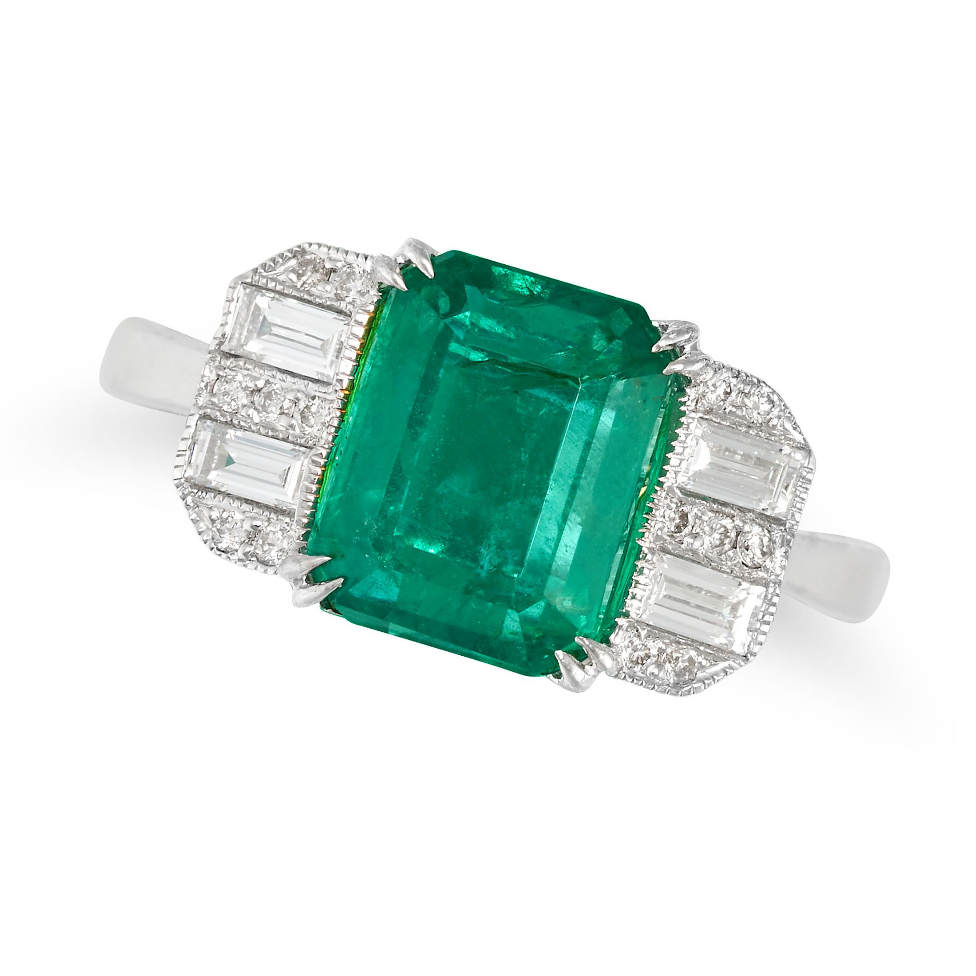 AN EMERALD AND DIAMOND RING in 18ct white gold, set with an octagonal step cut emerald of 2.32 ca...