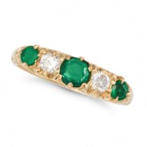 AN EMERALD AND DIAMOND FIVE STONE RING in 18ct yellow gold, set with round cut emeralds and round...