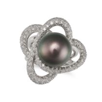 A BLACK PEARL AND DIAMOND DRESS RING in 18ct white gold, set with a black pearl of 12.8mm in a st...