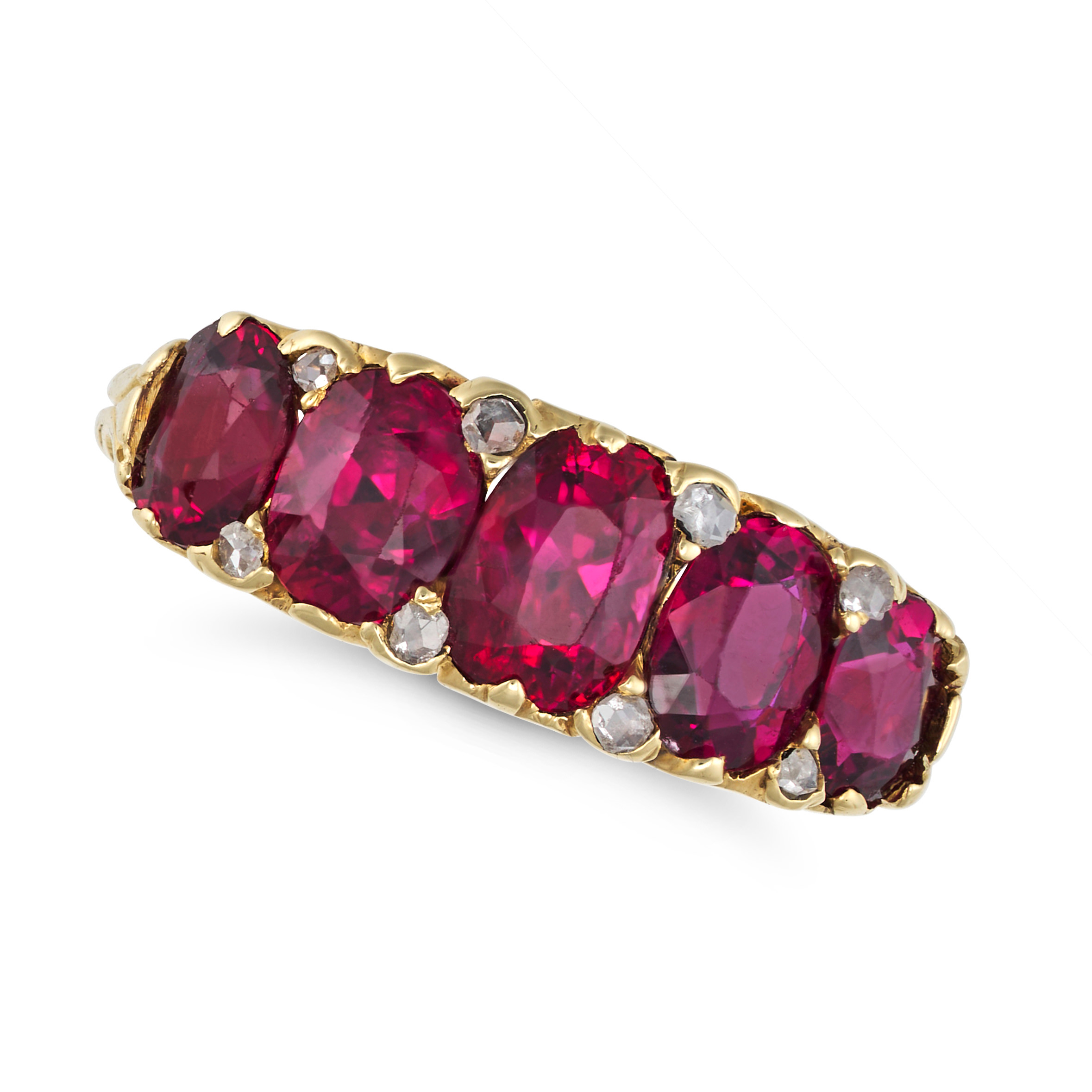 AN ANTIQUE UNHEATED RUBY AND DIAMOND RING in yellow gold, set with a row of five graduating cushi...