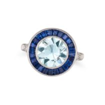 AN AQUAMARINE, SAPPHIRE AND DIAMOND TARGET RING in 14ct white gold, set with a round cut aquamari...