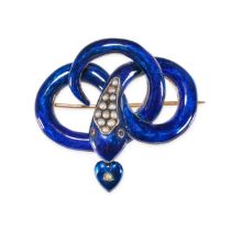 AN ENAMEL, PEARL, RUBY AND DIAMOND SNAKE BROOCH in yellow gold, designed as a coiled snake decora...