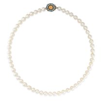 A PEARL AND TOPAZ NECKLACE in yellow gold, comprising a single row of pearls, the antique clasp s...