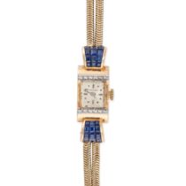 LONGINES, A RETRO SAPPHIRE AND DIAMOND COCKTAIL WATCH in 18ct yellow gold, the square watch dial ...