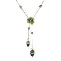 AN ANTIQUE NEPHRITE, DIAMOND AND ROCK CRYSTAL NEGLIGEE NECKLACE in 15ct yellow gold, the chain ne...