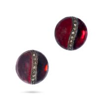 A PAIR OF GARNET AND DIAMOND EARRINGS in silver and gold, each set with cabochon garnets accented...