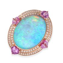 AN OPAL, PINK SAPPHIRE AND DIAMOND DRESS RING in 18ct rose gold, set with an oval cabochon opal o...