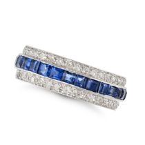A SAPPHIRE AND DIAMOND FULL ETERNITY RING in white gold, set all around with a row of square step...