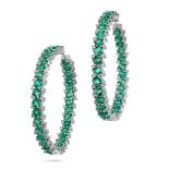 A PAIR OF EMERALD AND DIAMOND HOOP EARRINGS in 18ct white gold, each set with a row of octagonal ...