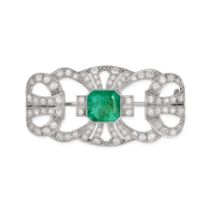 AN EMERALD AND DIAMOND BROOCH in platinum, set with an octagonal step cut emerald of approximatel...