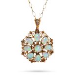AN OPAL AND DIAMOND PENDANT NECKLACE in 9ct yellow gold, the openwork pendant set throughout with...