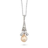 A NATURAL SALTWATER PEARL AND DIAMOND PENDANT NECKLACE in white gold, the pendant comprising a ro...