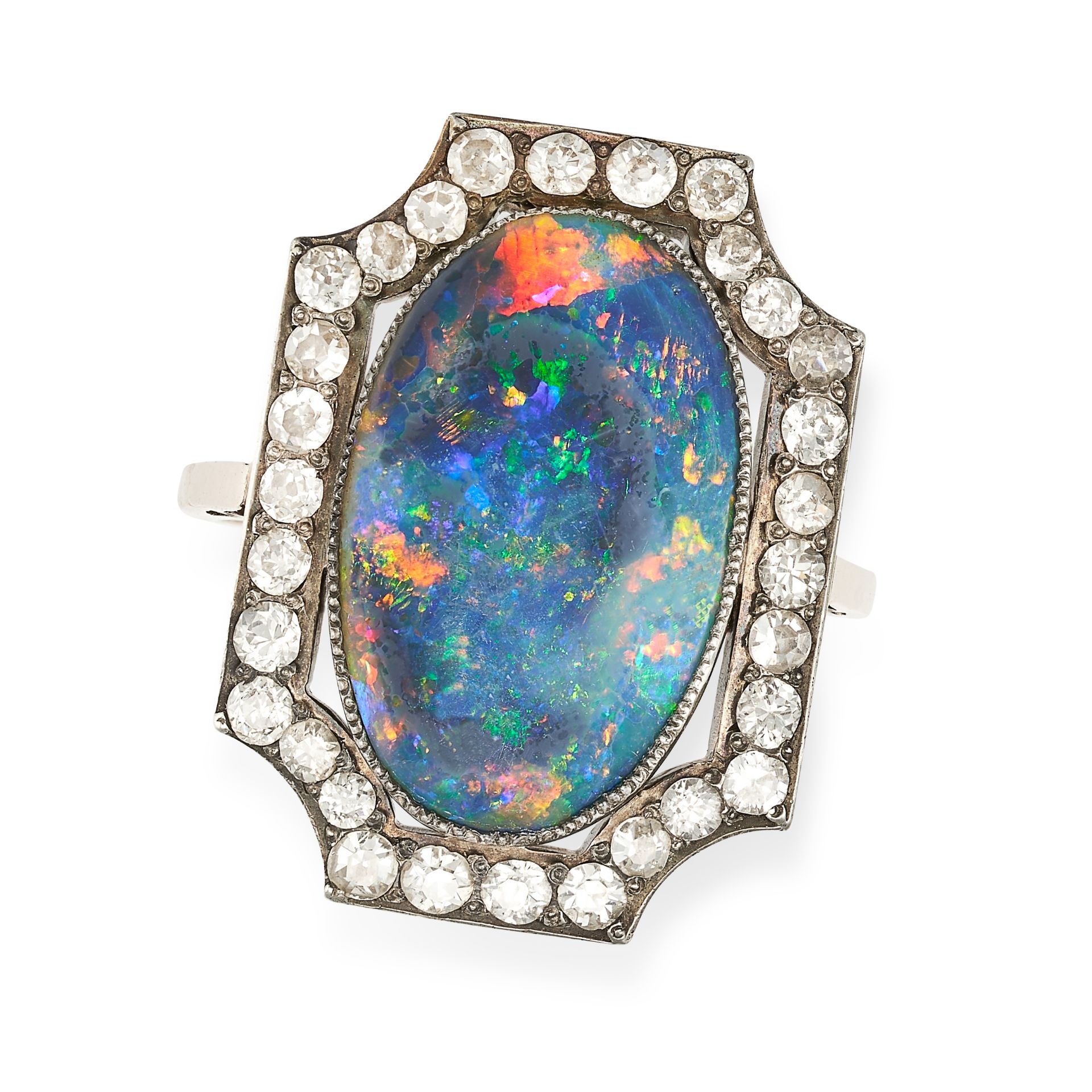 A FINE ANTIQUE BLACK OPAL AND DIAMOND RING in yellow gold, set with an oval cabochon opal of appr...
