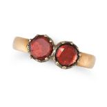 AN ANTIQUE VICTORIAN GARNET RING in 18ct yellow gold, set with two round cut garnets, full Britis...