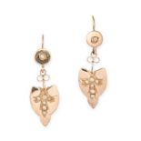 A PAIR OF ANTIQUE VICTORIAN PEARL DROP EARRINGS in yellow gold, each comprising a shield shaped d...