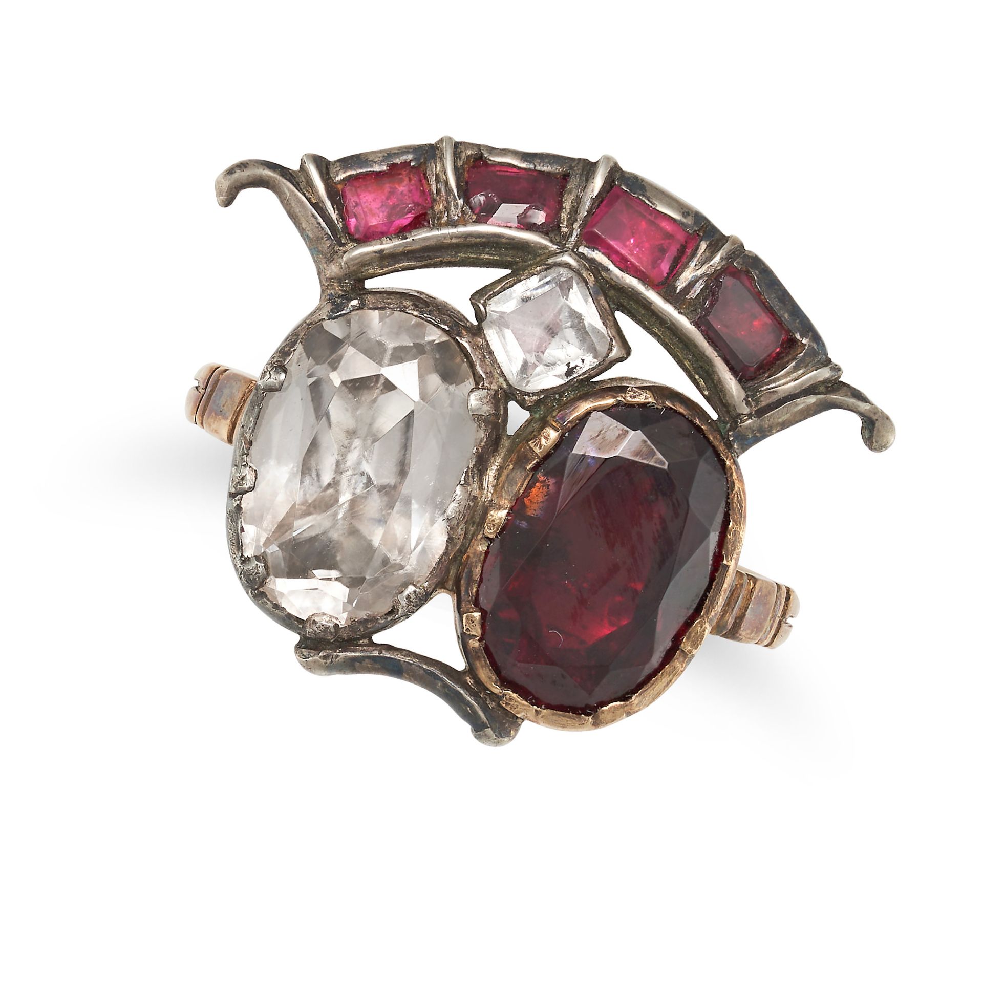 AN ANTIQUE GEORGIAN PASTE, GARNET, AND RUBY SWEETHEART RING in yellow gold and silver, set with a...