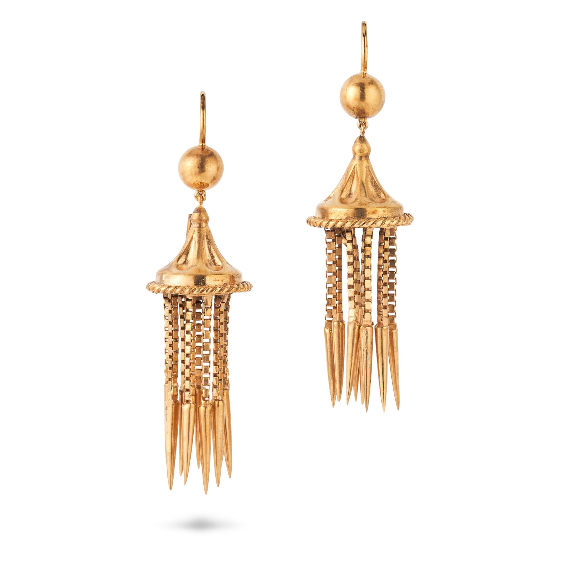 A PAIR OF ANTIQUE ETRUSCAN REVIVAL TASSEL DROP EARRINGS in 9ct yellow gold, each comprising ten t...