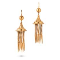 A PAIR OF ANTIQUE ETRUSCAN REVIVAL TASSEL DROP EARRINGS in 9ct yellow gold, each comprising ten t...