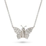 A DIAMOND BUTTERFLY PENDANT NECKLACE in platinum, the pendant designed as a butterfly pave set wi...