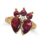 AN ANTIQUE GARNET AND DIAMOND SWEETHEART RING in yellow gold, designed as a crown over two hearts...