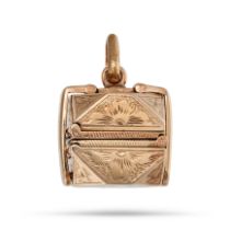 AN ANTIQUE FOLDING LOCKET PENDANT in 9ct yellow gold, the hinged geometric engraved locket openin...